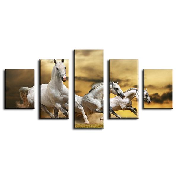 Team Of White Horses Running - Animal 5 Panel Canvas Art Wall Decor Team Of White Horses Running - Animal 5 Panel Canvas Art Wall Decor