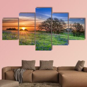Texas Bluebonnet Spring Wildflower Field - Nature 5 Panel Canvas Art Wall Decor