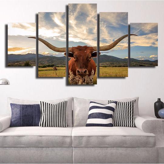 Texas Longhorn Animal - 5 Panel Canvas Art Wall Decor Texas Longhorn Animal - 5 Panel Canvas Art Wall Decor