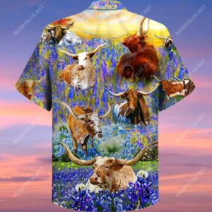 Texas Longhorn In Bluebonnets Unisex Hawaiian Shirt