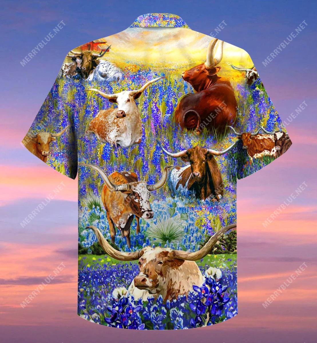 Texas Longhorn In Bluebonnets Unisex Hawaiian Shirt Texas Longhorn In Bluebonnets Unisex Hawaiian Shirt