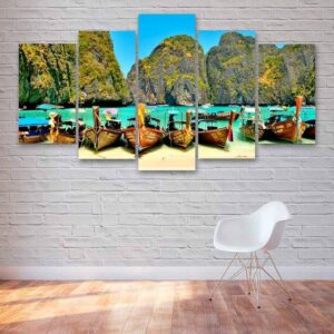Thailand Tropical Beach And Boats - Nature 5 Panel Canvas Art Wall Decor