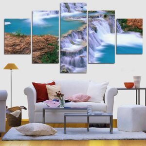 The Blue Waterfall With Lake And Rocks - Nature 5 Panel Canvas Art Wall Decor