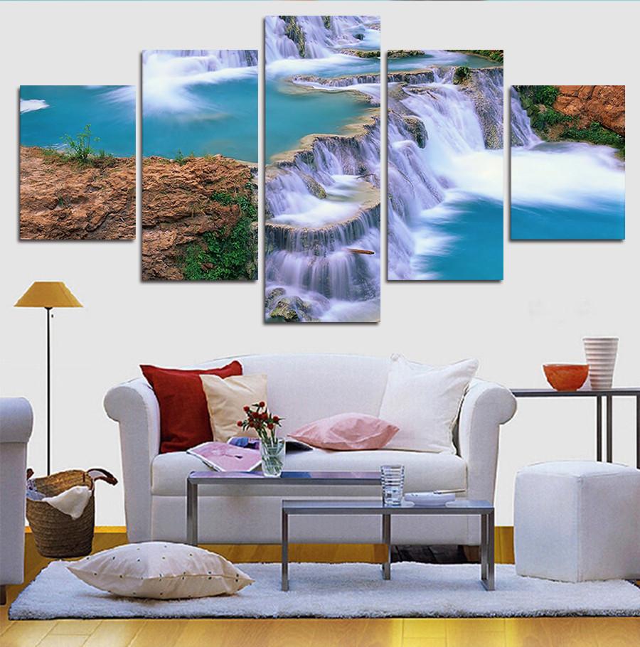 The Blue Waterfall With Lake And Rocks - Nature 5 Panel Canvas Art Wall Decor The Blue Waterfall With Lake And Rocks - Nature 5 Panel Canvas Art Wall Decor