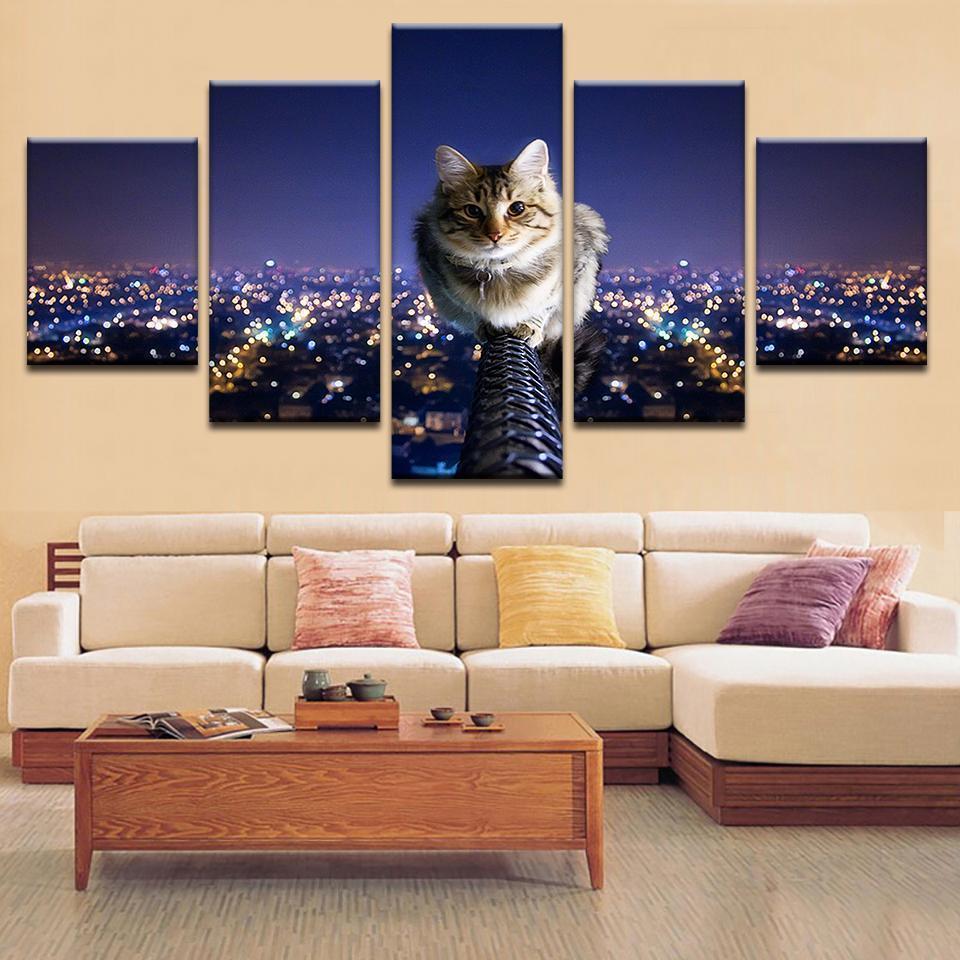 The Cat And The City Night Sky - Animal 5 Panel Canvas Art Wall Decor The Cat And The City Night Sky - Animal 5 Panel Canvas Art Wall Decor