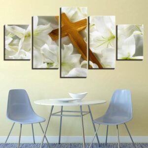 The Cross Laying On Lilies - Religion 5 Panel Canvas Art Wall Decor