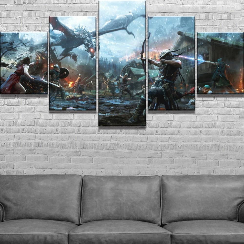 The Elder Scrolls V Skyrim Dragon Battle Gaming - 5 Panel Canvas Art Wall Decor The Elder Scrolls V Skyrim Dragon Battle Gaming - 5 Panel Canvas Art Wall Decor