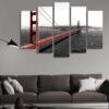 The Golden Gate Bridge In Red On A Monochromatic - Nature 5 Panel Canvas Art Wall Decor