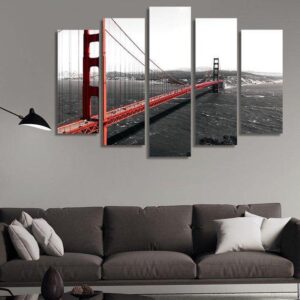 The Golden Gate Bridge In Red On A Monochromatic - Nature 5 Panel Canvas Art Wall Decor