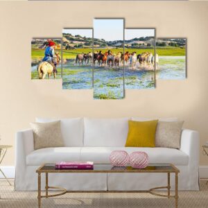 The Horses On The Prairie - Nature 5 Panel Canvas Art Wall Decor