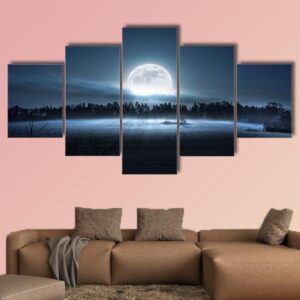 The Moon Rising Over The Forest - Nature 5 Panel Canvas Art Wall Decor