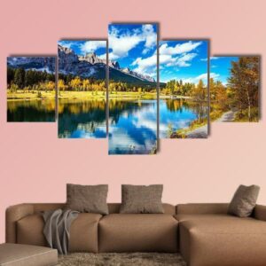 The Path And Yellowing Aspens Surround The Lake - Nature 5 Panel Canvas Art Wall Decor