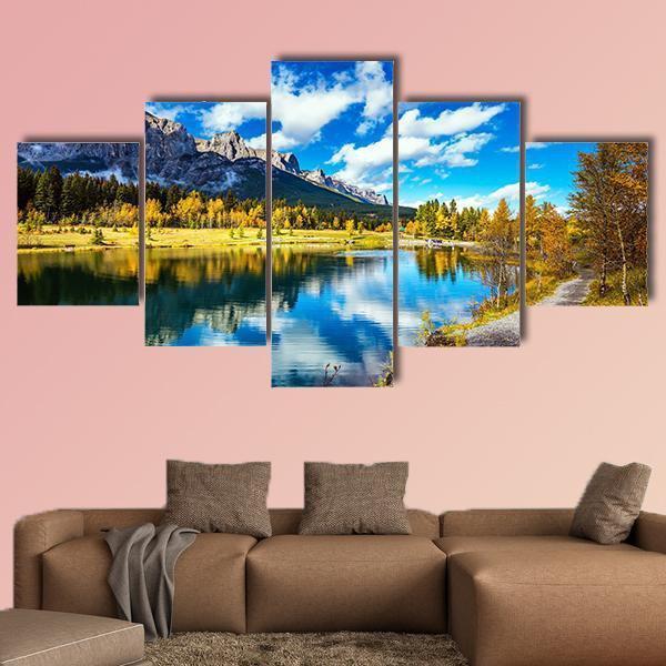 The Path And Yellowing Aspens Surround The Lake - Nature 5 Panel Canvas Art Wall Decor The Path And Yellowing Aspens Surround The Lake - Nature 5 Panel Canvas Art Wall Decor