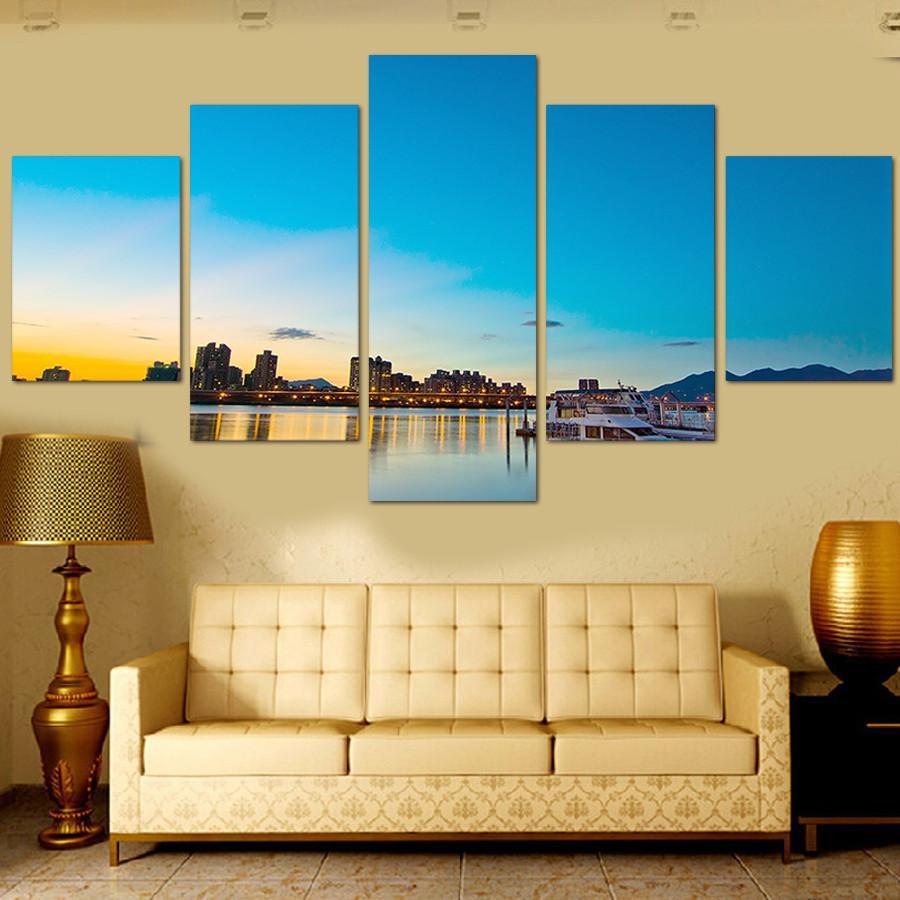 The Setting Sun City - Nature 5 Panel Canvas Art Wall Decor The Setting Sun City - Nature 5 Panel Canvas Art Wall Decor