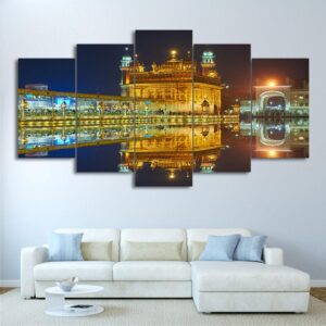 The Sikh Golden Temple Night View At Amritsar - Landscape 5 Panel Canvas Art Wall Decor