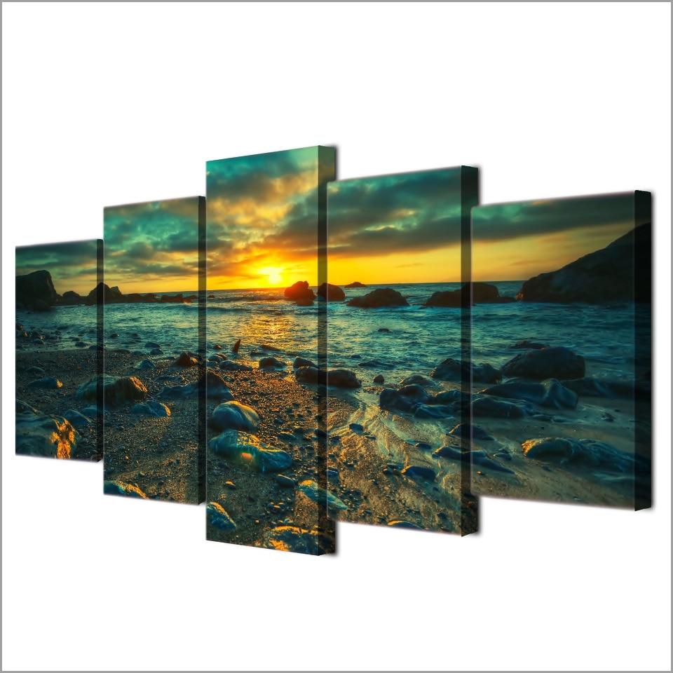 The Sunset Beach Rocks - Space 5 Panel Canvas Art Wall Decor The Sunset Beach Rocks - Space 5 Panel Canvas Art Wall Decor