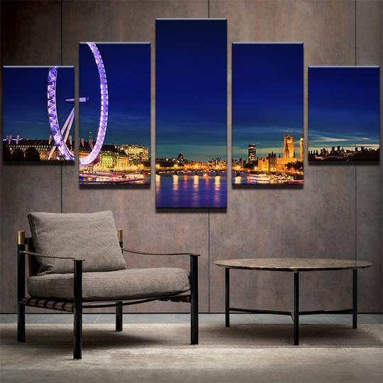 The Thames London At Night - Nature 5 Panel Canvas Art Wall Decor The Thames London At Night - Nature 5 Panel Canvas Art Wall Decor