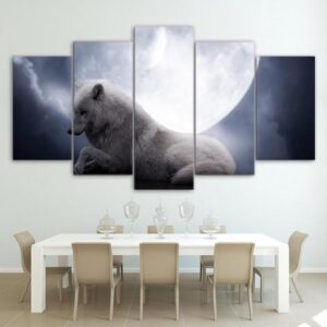 The White Wolf Under The Moon - Animal 5 Panel Canvas Art Wall Decor
