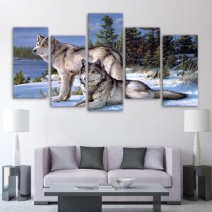 The Wolf couples to visit - Animal 5 Panel Canvas Art Wall Decor