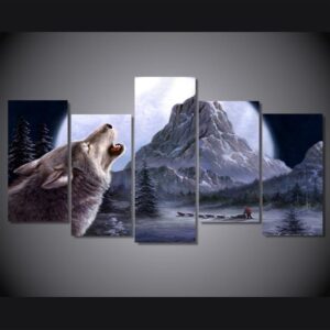 The Wolf howl moon mountain - Animal 5 Panel Canvas Art Wall Decor