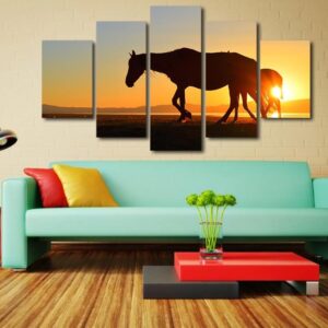 The setting sun animals horse - Animal 5 Panel Canvas Art Wall Decor