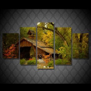 The wooden house in the woods - Nature 5 Panel Canvas Art Wall Decor