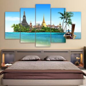 Thiland Pattay Buddha Temple in sea - Nature 5 Panel Canvas Art Wall Decor