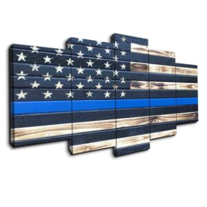 Thin Blue Line Wood-Like - Abstract 5 Panel Canvas Art Wall Decor