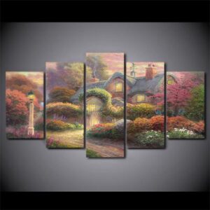 Thomas Kinkade Fairy Fantasy Castle Landscape 3 - Nature 5 Panel Canvas Art Wall Decor