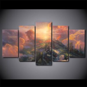 Thomas Kinkade Fairy Fantasy Castle Landscape 6 - Nature 5 Panel Canvas Art Wall Decor