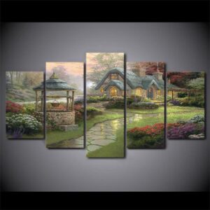 Thomas Kinkade Fairy Fantasy Castle Landscape 8 - Nature 5 Panel Canvas Art Wall Decor
