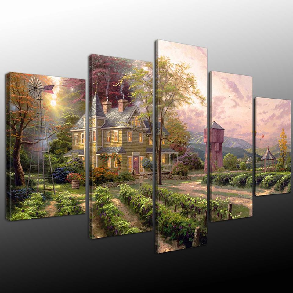 Thomas Kinkade Fairy Fantasy Castle Landscape 9 - Nature 5 Panel Canvas Art Wall Decor Thomas Kinkade Fairy Fantasy Castle Landscape 9 - Nature 5 Panel Canvas Art Wall Decor