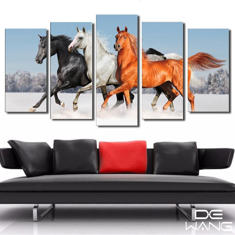 Three Colorful Horses - Animal 5 Panel Canvas Art Wall Decor Three Colorful Horses - Animal 5 Panel Canvas Art Wall Decor