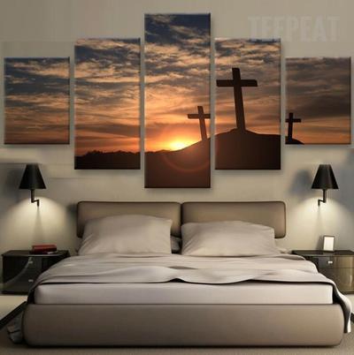 Three Crosses At Sunset - Nature Landscape 5 Panel Canvas Art Wall Decor Three Crosses At Sunset - Nature Landscape 5 Panel Canvas Art Wall Decor