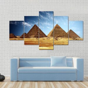 Three Egyptian Pyramids Under Blue Sky - Nature 5 Panel Canvas Art Wall Decor