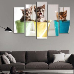Three Funny Kittens Inside Colorful Pots - Animal 5 Panel Canvas Art Wall Decor