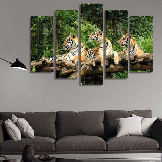 Three Tigers - Animal 5 Panel Canvas Art Wall Decor Three Tigers - Animal 5 Panel Canvas Art Wall Decor