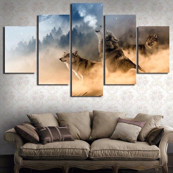 Three Wolves Mountain 1 - Animal 5 Panel Canvas Art Wall Decor Three Wolves Mountain 1 - Animal 5 Panel Canvas Art Wall Decor