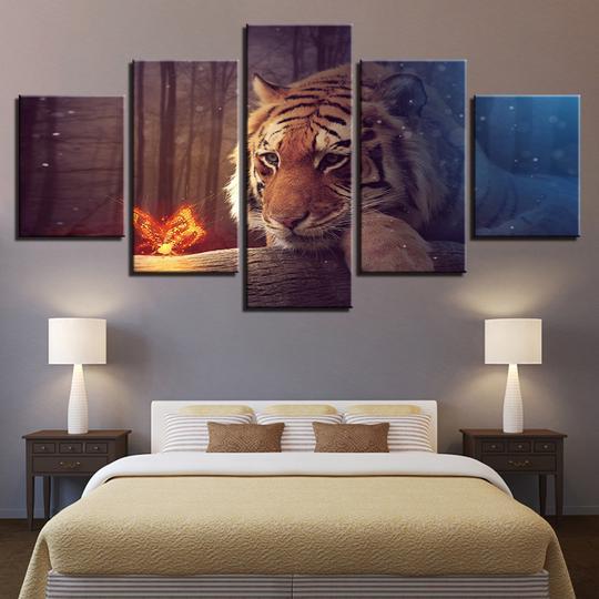 Tiger And Magic Butterfly - Animal 5 Panel Canvas Art Wall Decor Tiger And Magic Butterfly - Animal 5 Panel Canvas Art Wall Decor