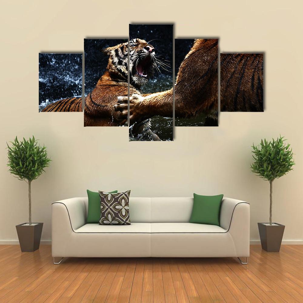 Tiger Attack To Other Tiger - Animal 5 Panel Canvas Art Wall Decor Tiger Attack To Other Tiger - Animal 5 Panel Canvas Art Wall Decor