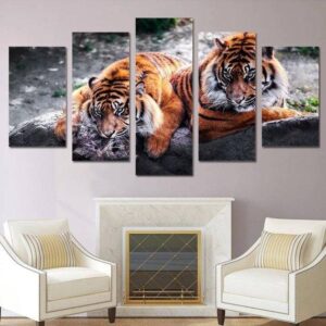 Tiger In Snow 2 - Animal 5 Panel Canvas Art Wall Decor
