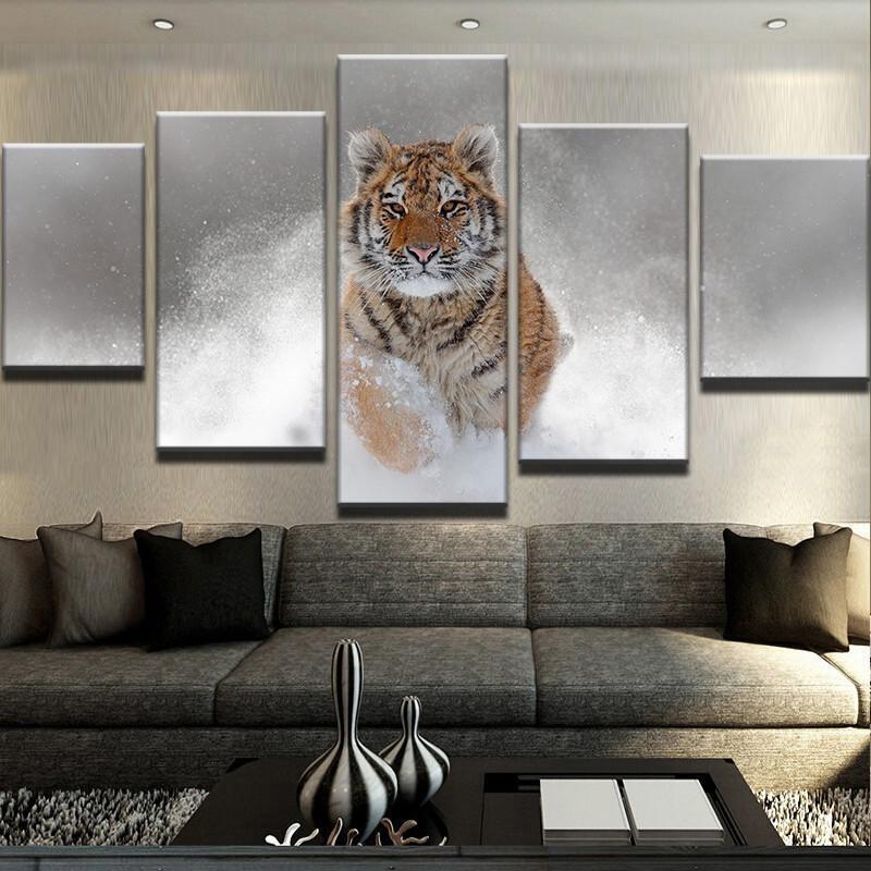 Tiger In The Snow - Animal 5 Panel Canvas Art Wall Decor Tiger In The Snow - Animal 5 Panel Canvas Art Wall Decor