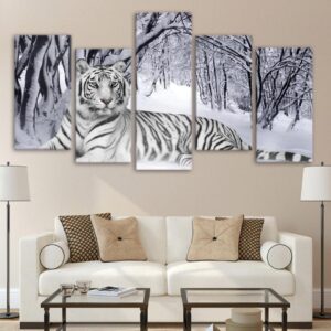 Tiger Snow Mountain - Animal 5 Panel Canvas Art Wall Decor