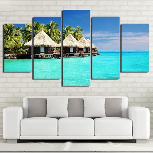 Tiki Huts On The Water Tahiti - Space 5 Panel Canvas Art Wall Decor Tiki Huts On The Water Tahiti - Space 5 Panel Canvas Art Wall Decor