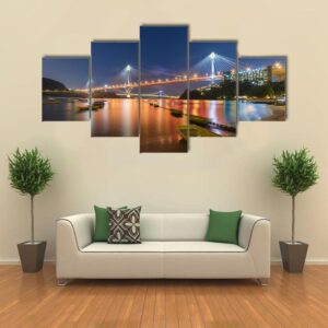 Ting Kau Bridge And Tsing Ma Bridge In Hong Kong - Nature 5 Panel Canvas Art Wall Decor