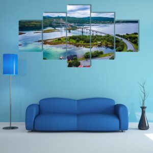 Tjeldsundbrua Bridge In Norway - Nature 5 Panel Canvas Art Wall Decor
