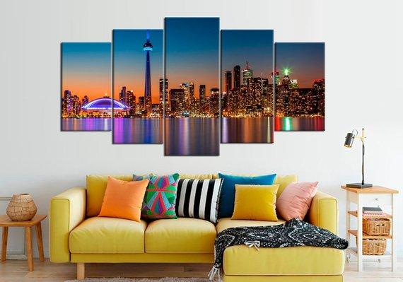 Toronto Canada Skyline Night - Nature 5 Panel Canvas Art Wall Decor Toronto Canada Skyline Night - Nature 5 Panel Canvas Art Wall Decor