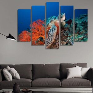 Tortoise Under The Ocean - Animal 5 Panel Canvas Art Wall Decor