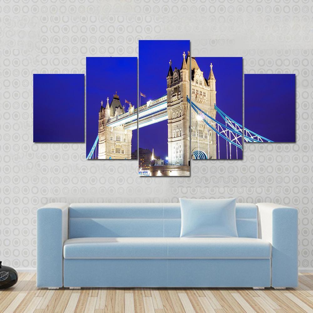 Tower Bridge Of London Lit Up At Night Over The River Thames - Nature 5 Panel Canvas Art Wall Decor Tower Bridge Of London Lit Up At Night Over The River Thames - Nature 5 Panel Canvas Art Wall Decor