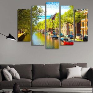 Traditional Old Buildings In Amsterdam - Nature 5 Panel Canvas Art Wall Decor